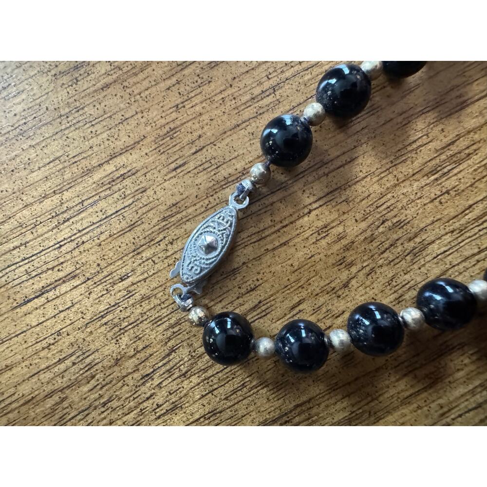 Black Beaded Necklace with Gold Tone Spacers Costume Jewelry - Picture 3 of 4